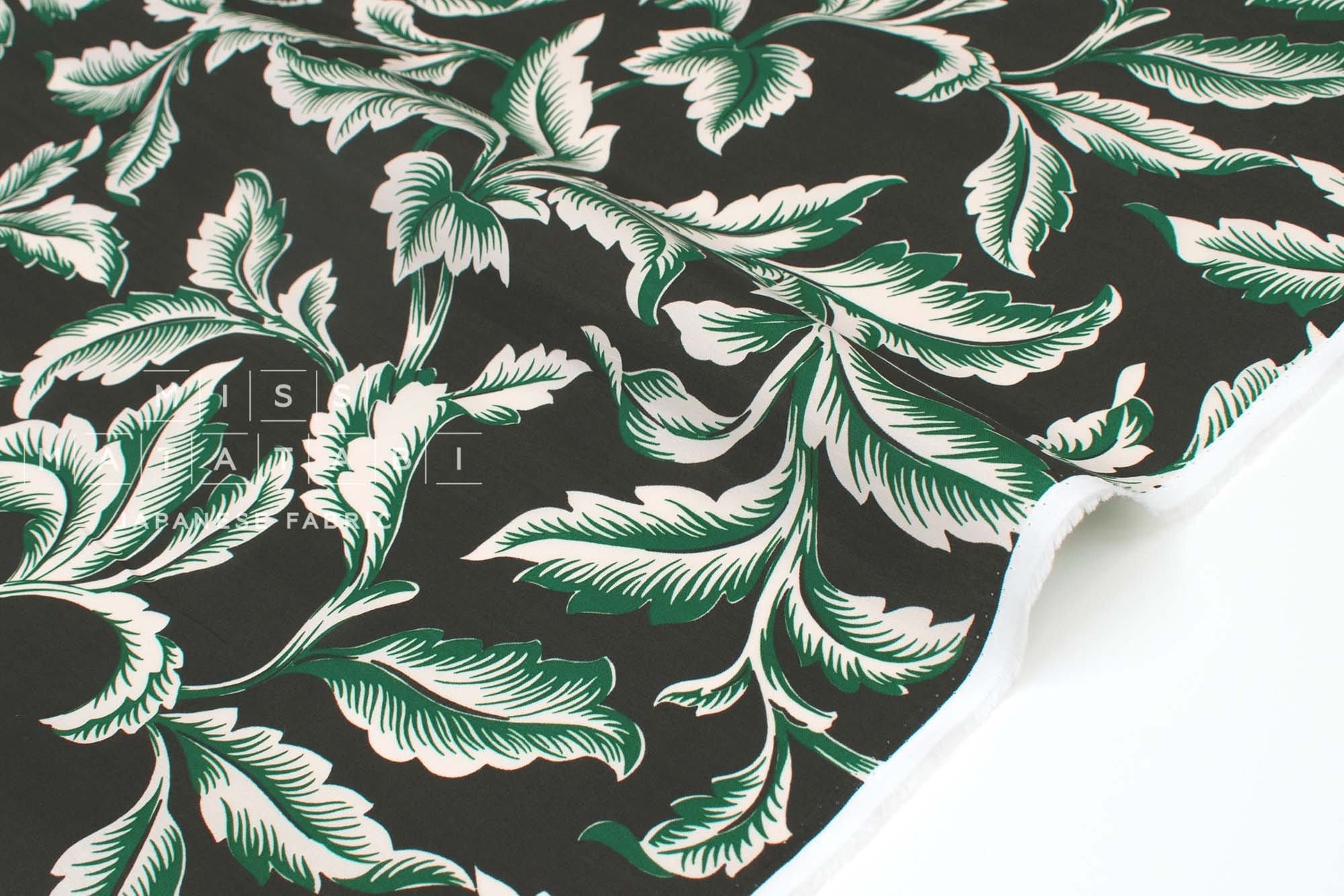 DEADSTOCK Japanese Fabric Rayon Fujiette Leaves - black, green - 50cm
