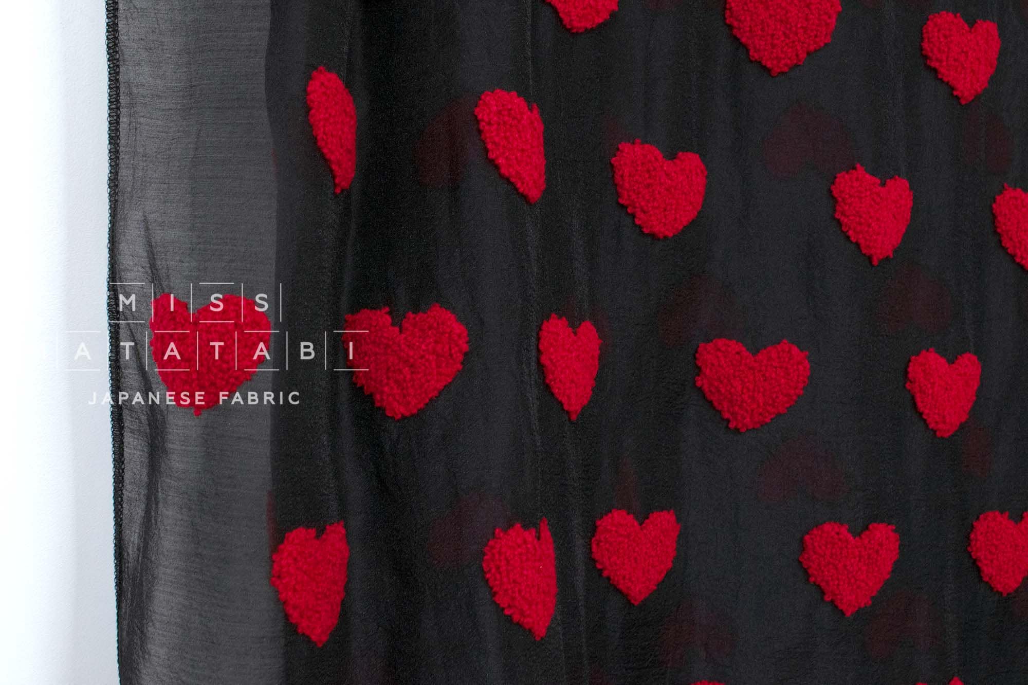Japanese Fabric Punch Needling Style Heart Embroidery - black, red - 50cm
