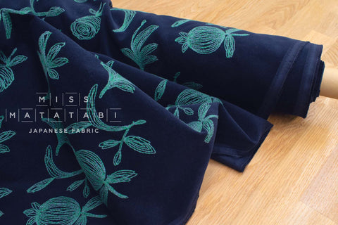 Japanese Fabric Embroidered Corduroy - navy blue, green - 50cm