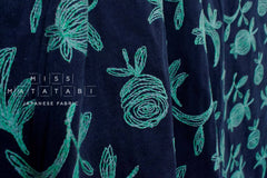 Japanese Fabric Embroidered Corduroy - navy blue, green - 50cm