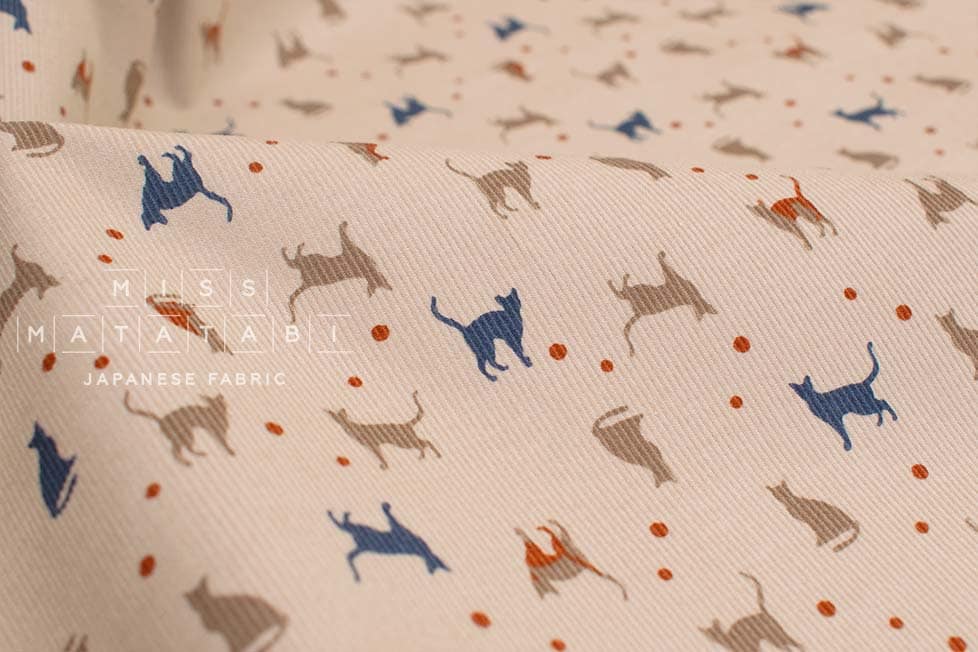 Japanese Fabric Corduroy Cats and Pindots - A - 50cm