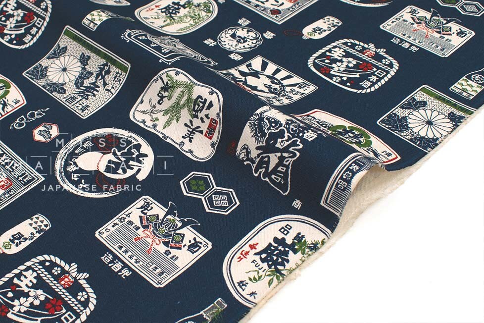 Japanese Fabric Vintage Sake Labels - dark blue - 50cm