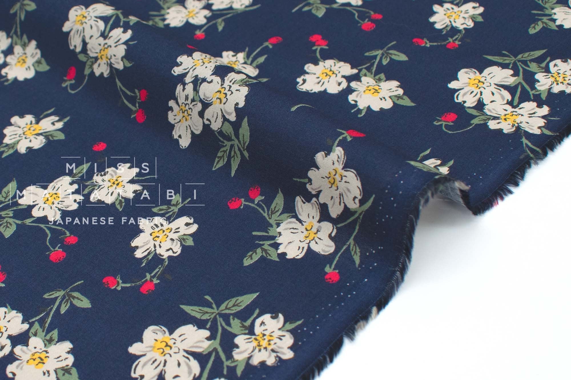 DEADSTOCK Japanese Fabric Strawberry Blossoms - navy blue - 50cm