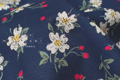 DEADSTOCK Japanese Fabric Strawberry Blossoms - navy blue - 50cm