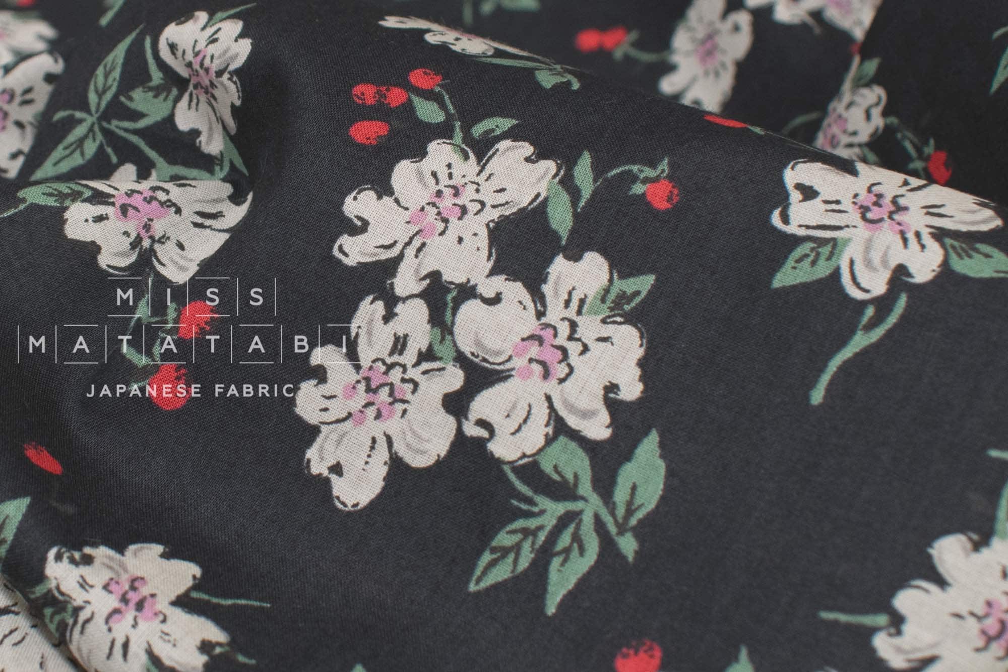DEADSTOCK Japanese Fabric Strawberry Blossoms - black - 50cm