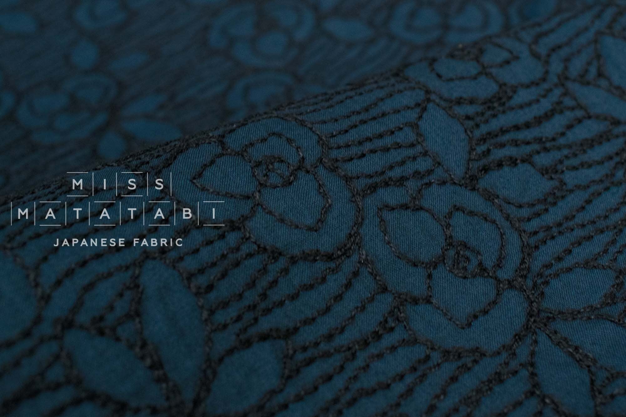 Japanese Fabric Embroidered Cotton Lawn - Rose - black, navy blue 50cm