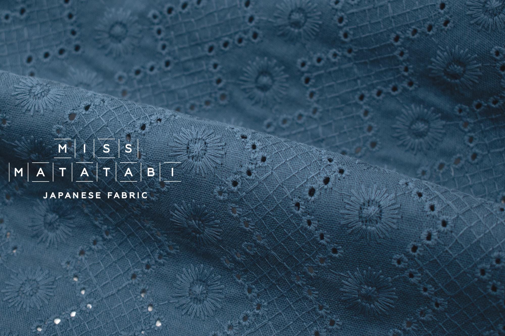 DEADSTOCK Japanese Fabric Embroidered Cotton Double Gauze - teal blue - 50cm