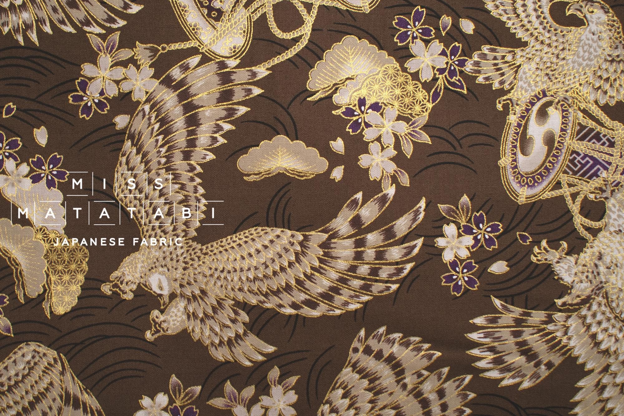 Japanese Fabric Hawk and Sakura - brown, metallic gold - 50cm