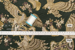Japanese Fabric Hawk and Sakura - grey green, metallic gold - 50cm
