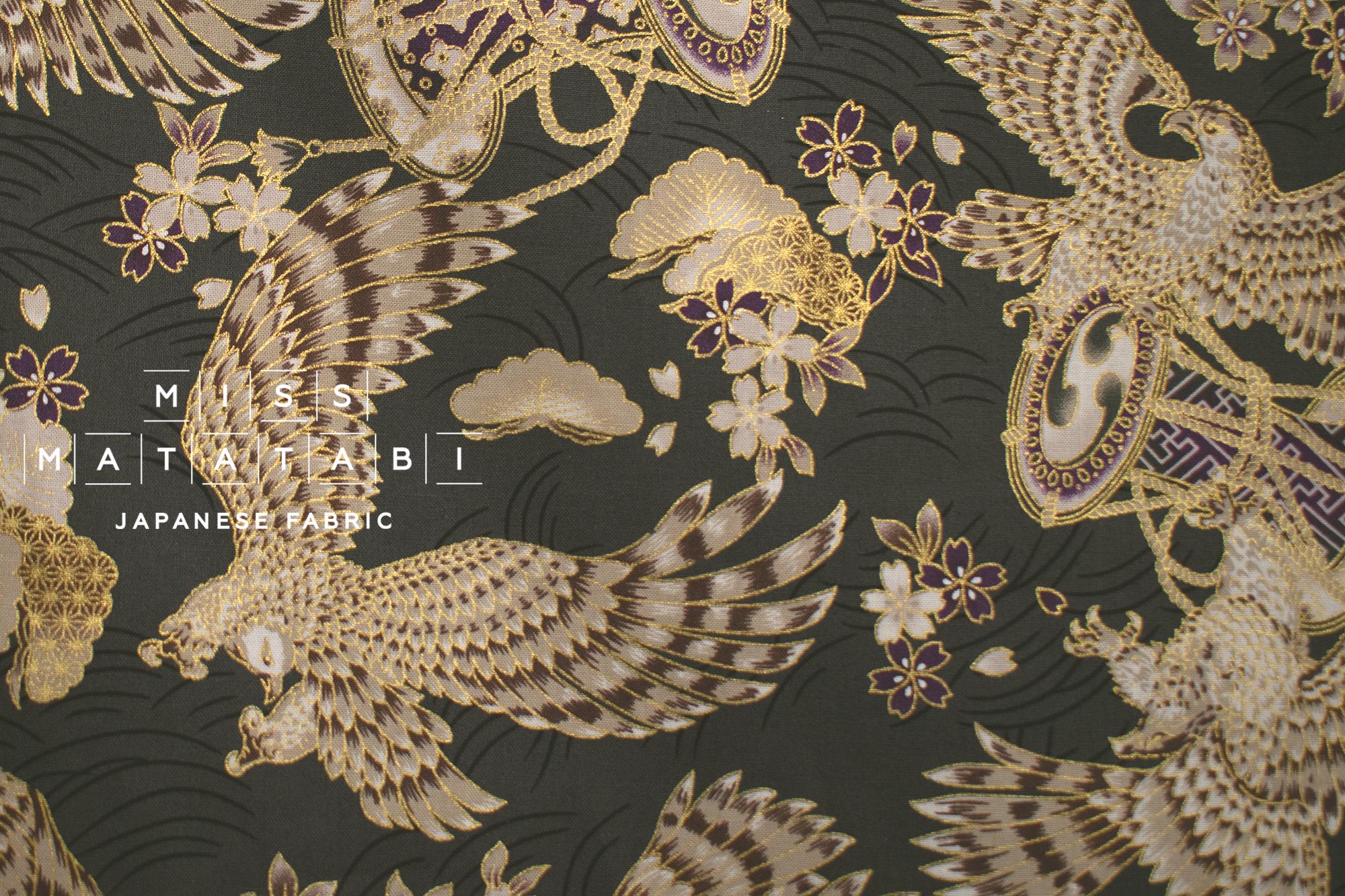 Japanese Fabric Hawk and Sakura - grey green, metallic gold - 50cm