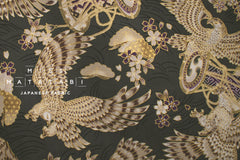 Japanese Fabric Hawk and Sakura - grey green, metallic gold - 50cm