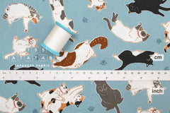 Japanese Fabric Oyako Cats - light blue - 50cm