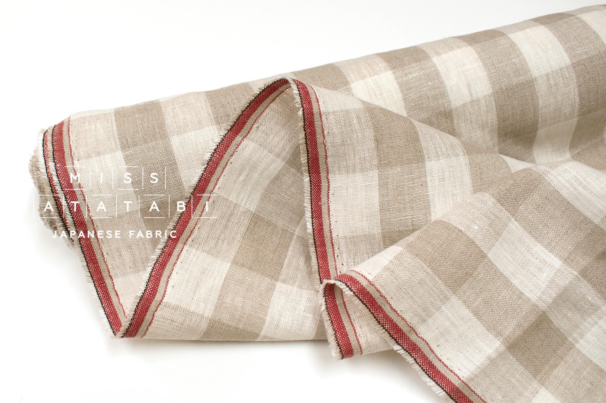 DEADSTOCK Japanese Fabric Yarn-dyed 100% Linen Large Check with Red Selvedge - 50cm