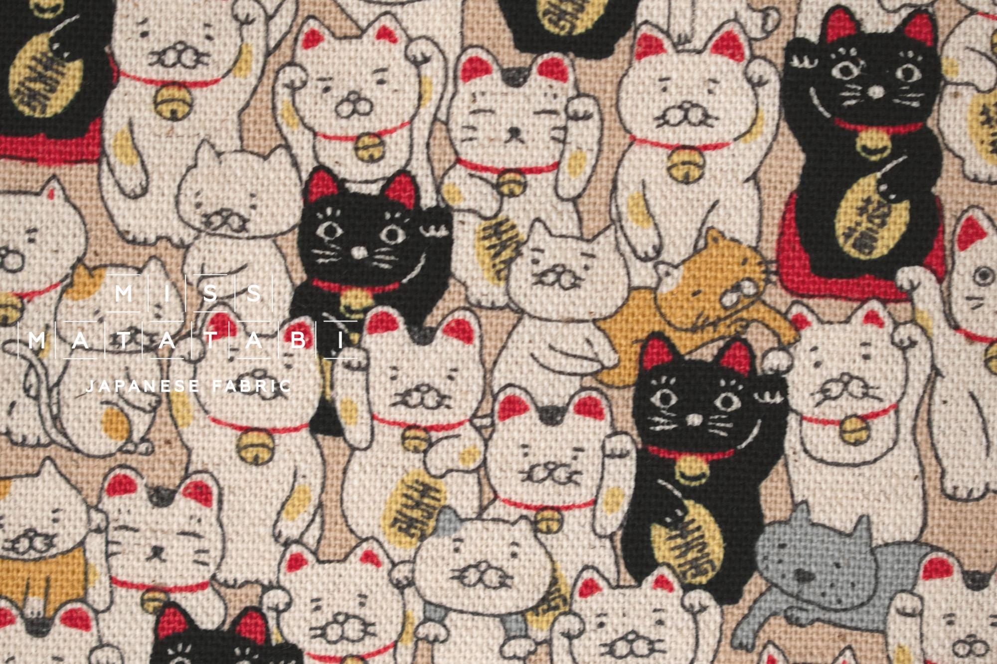 Japanese Fabric Gotokuji Temple Maneko Neko Cats - beige - 50cm