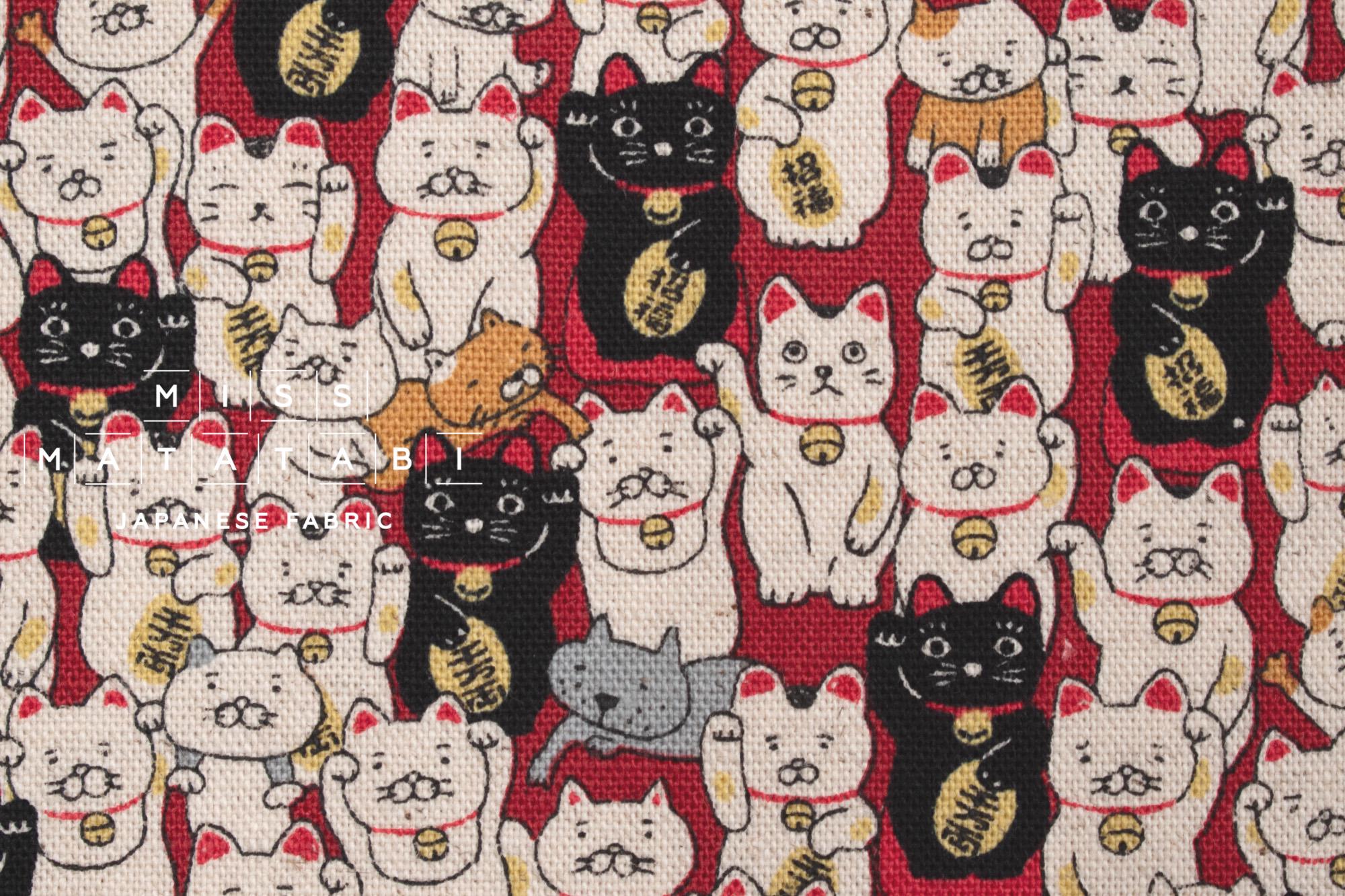 Japanese Fabric Gotokuji Temple Maneko Neko Cats - red - 50cm