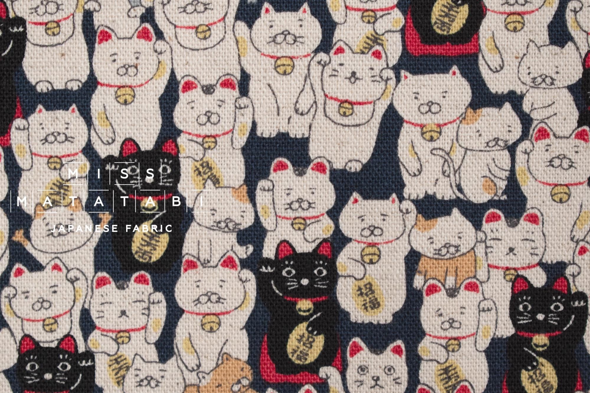 Japanese Fabric Gotokuji Temple Maneko Neko Cats - dark blue - 50cm