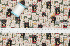 Japanese Fabric Gotokuji Temple Maneko Neko Cats - green - 50cm