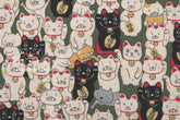 Japanese Fabric Gotokuji Temple Maneko Neko Cats - green - 50cm