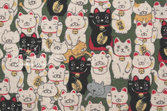 Japanese Fabric Gotokuji Temple Maneko Neko Cats - green - 50cm