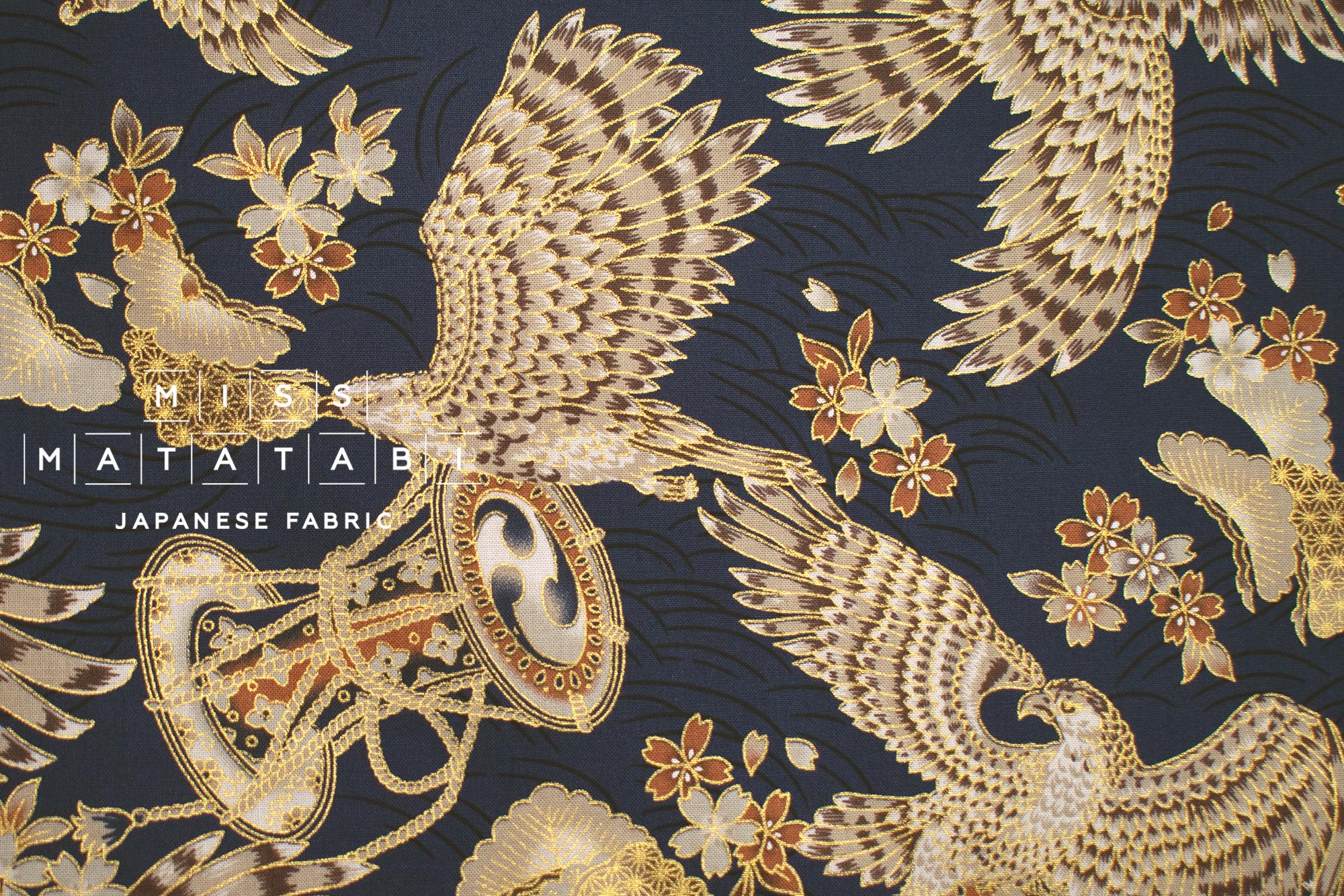 Japanese Fabric Hawk and Sakura - navy blue, metallic gold - 50cm