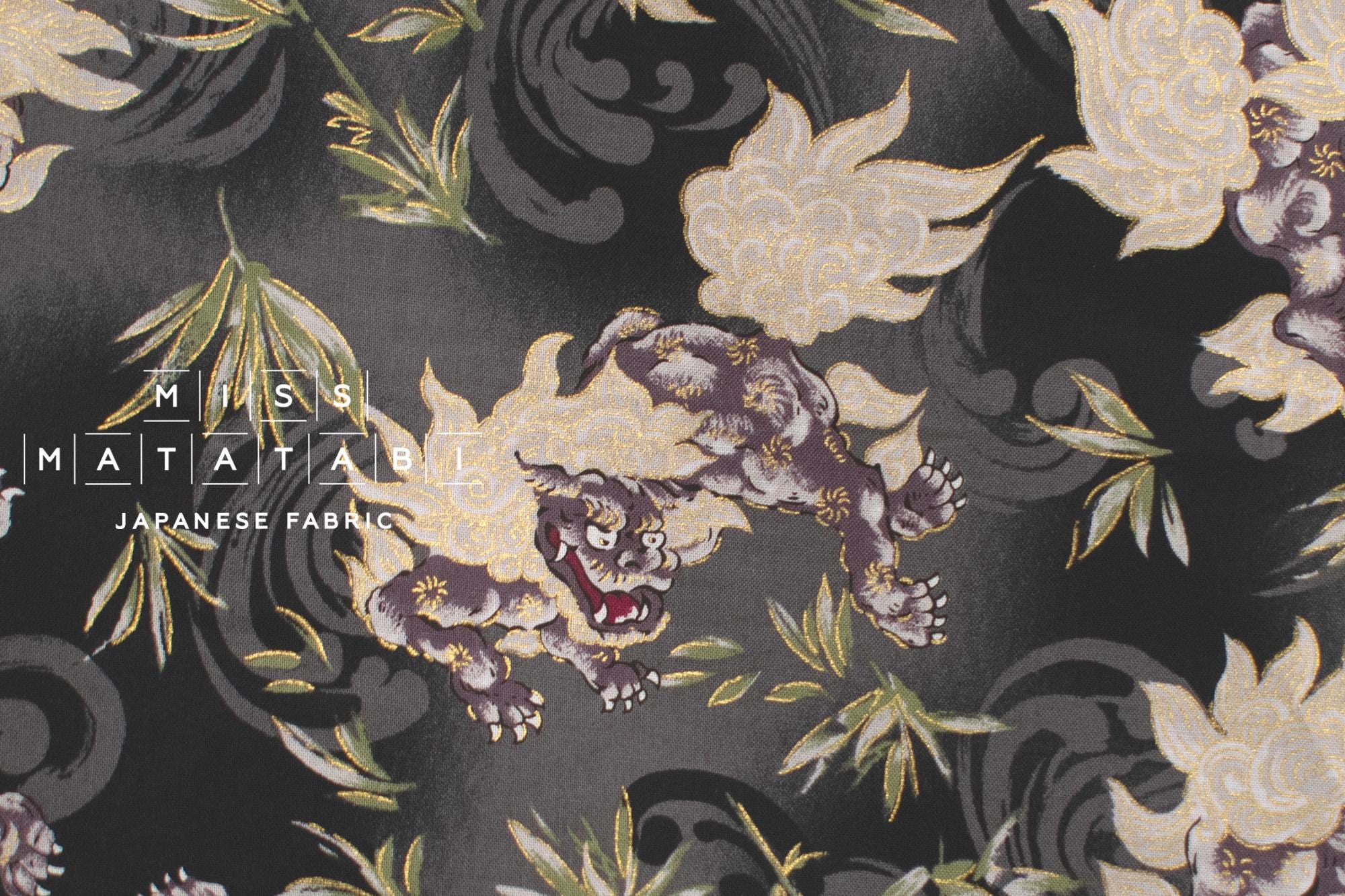 Japanese Fabric Komainu - grey, metallic gold - 50cm