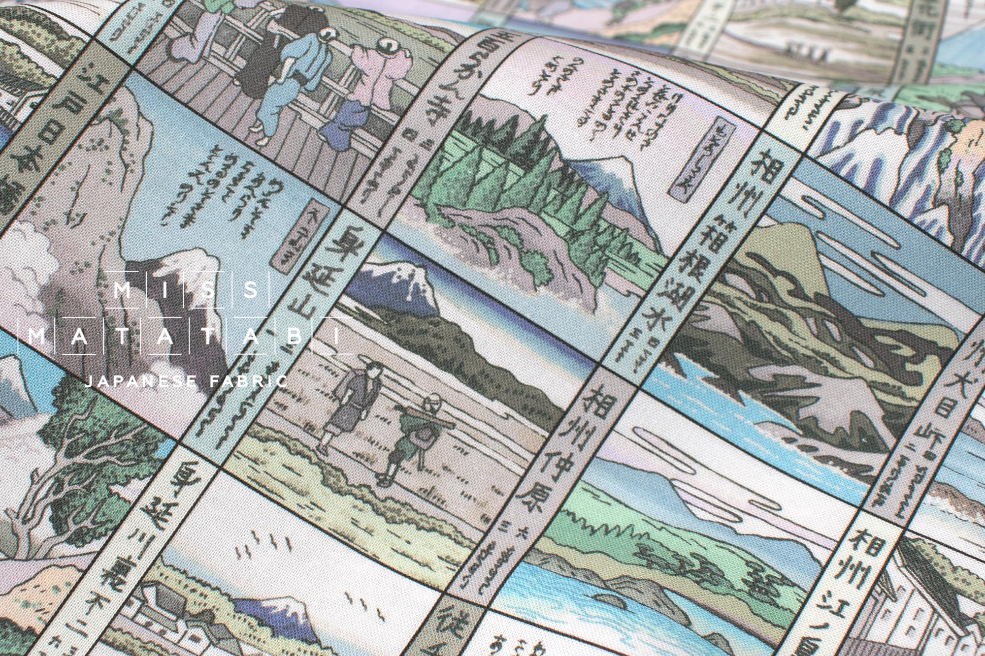 Japanese Fabric Traditional Post Towns - grey, blue, green - 50cm