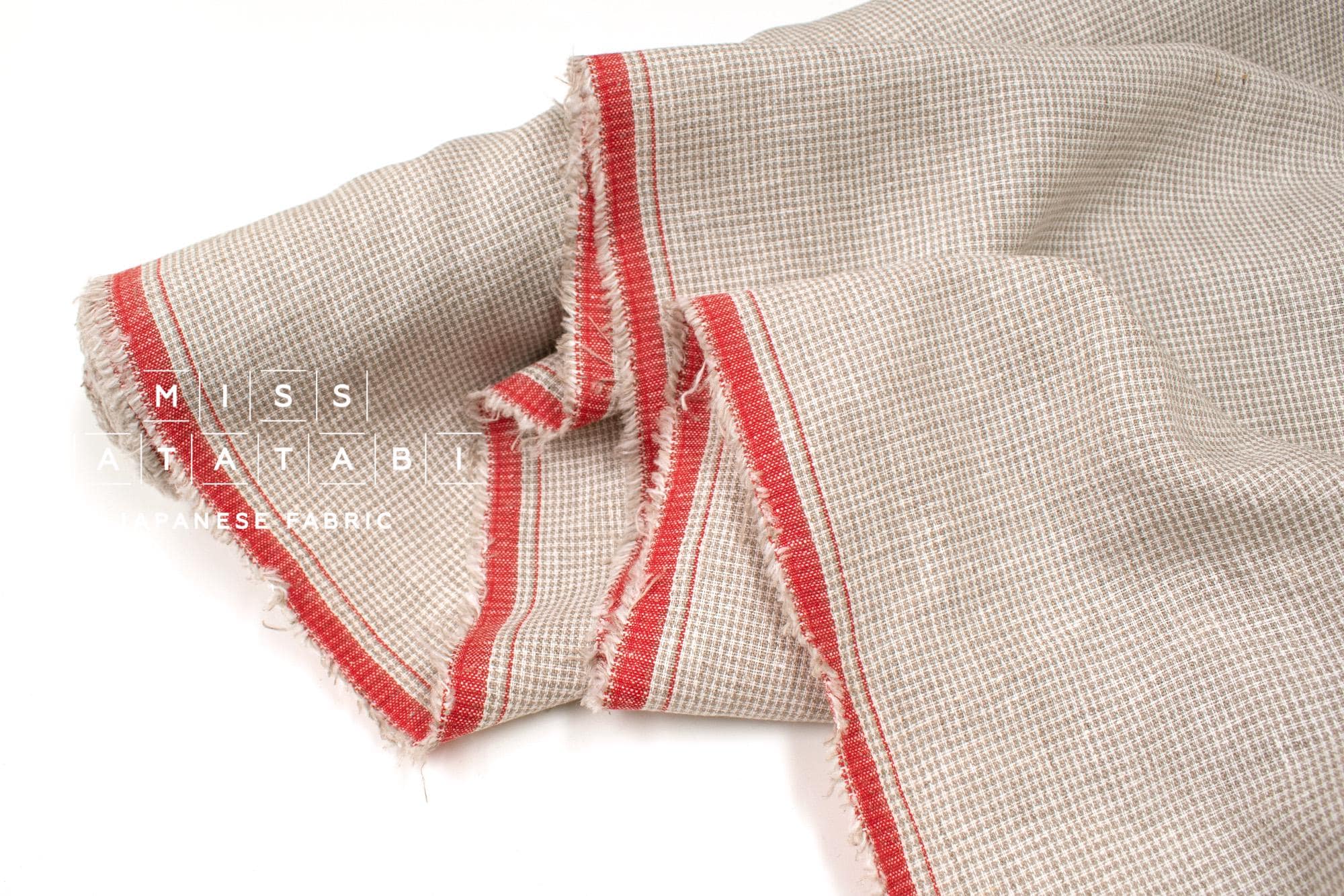 DEADSTOCK Japanese Fabric Yarn-dyed 100% Linen Tiny Herringbone with Red Selvedge - 50cm
