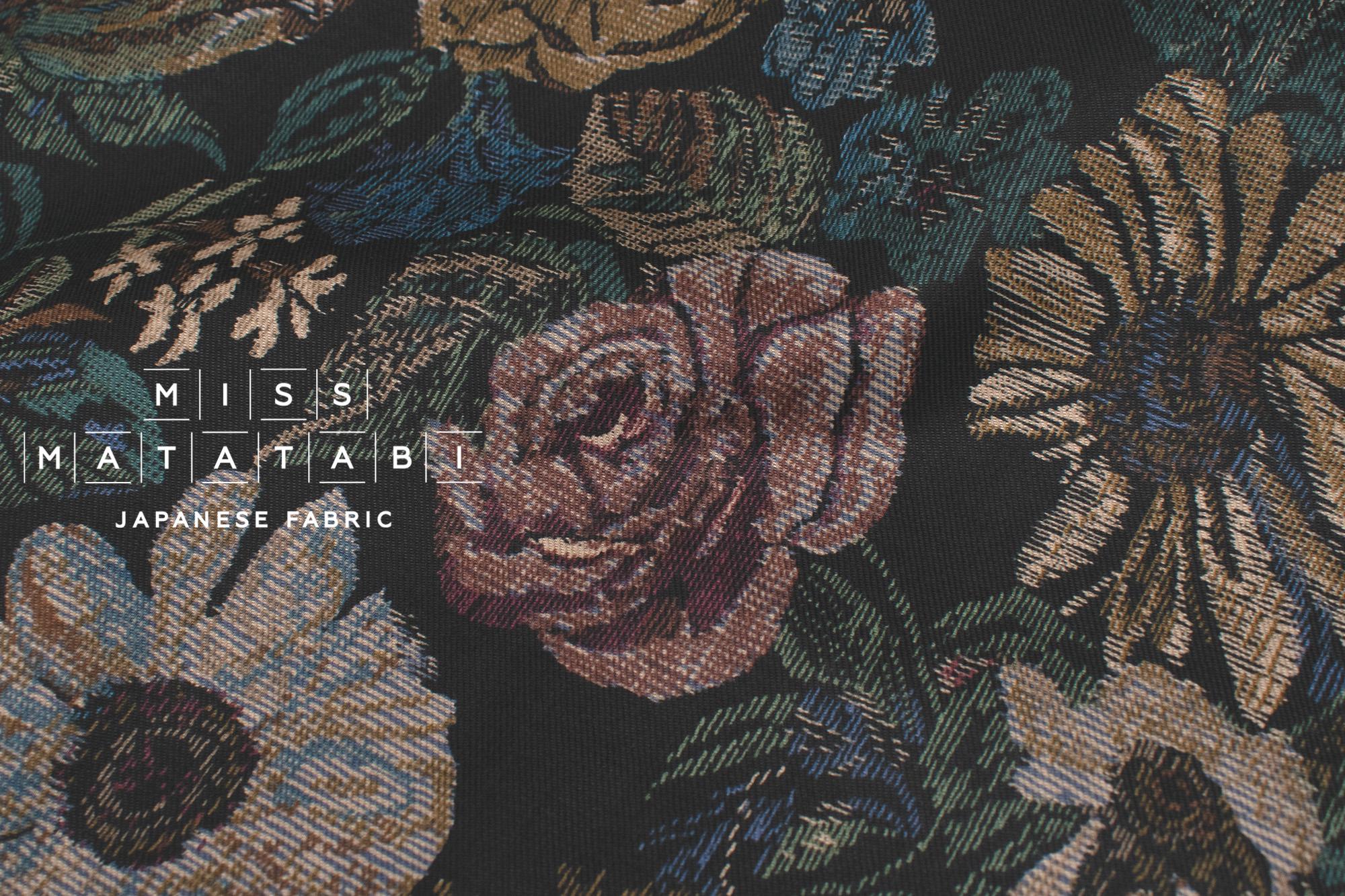 Japanese Fabric Vintage Floral Brushed Cotton - black - 50cm