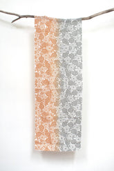 Shokunin Collection Hand-printed Chusen Japanese Tenugui Fabric - Chrysanthemum Arabesque 28 orange, grey - panel