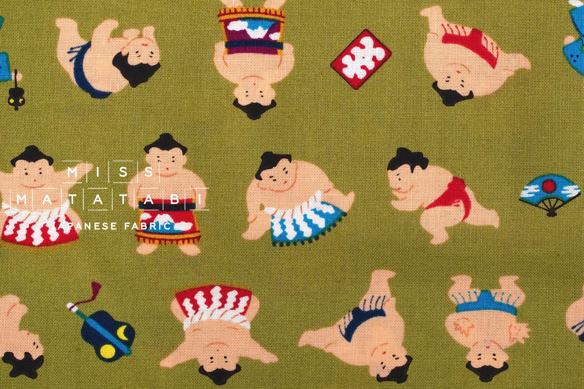 Japanese Fabric Little Sumo Wrestlers - olive - 50cm