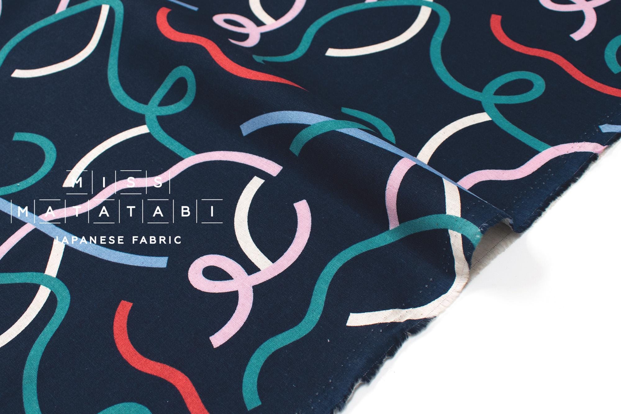 Japanese Fabric Yay Yay - navy blue with pink, blue, teal, cream - 50cm