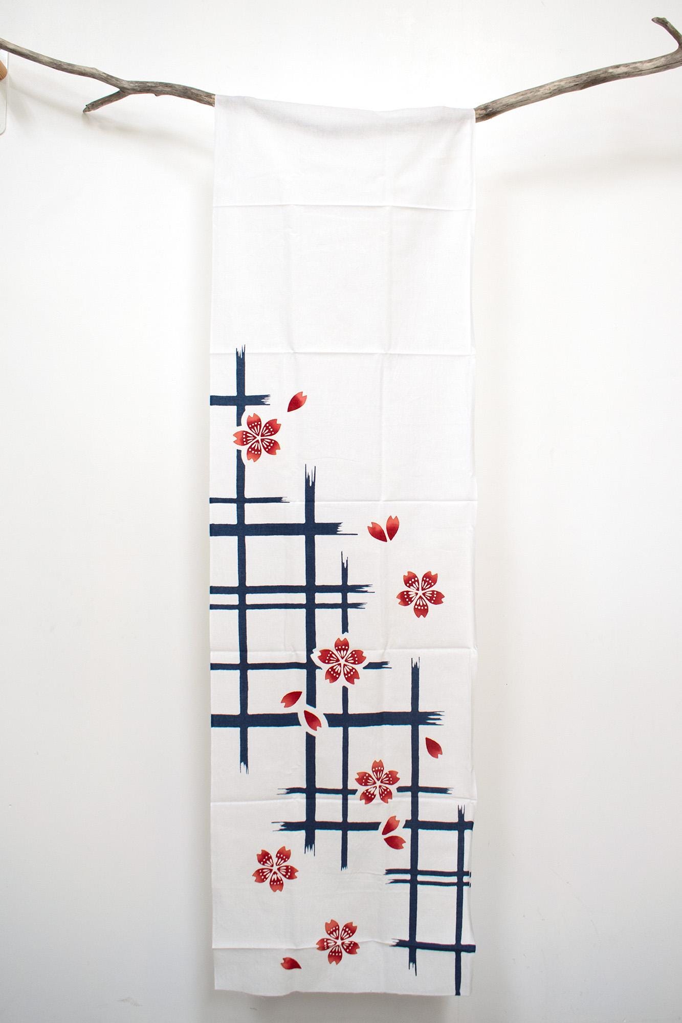 Shokunin Collection Hand-printed Chusen Japanese Tenugui Fabric - Sakura 31 red, blue - panel
