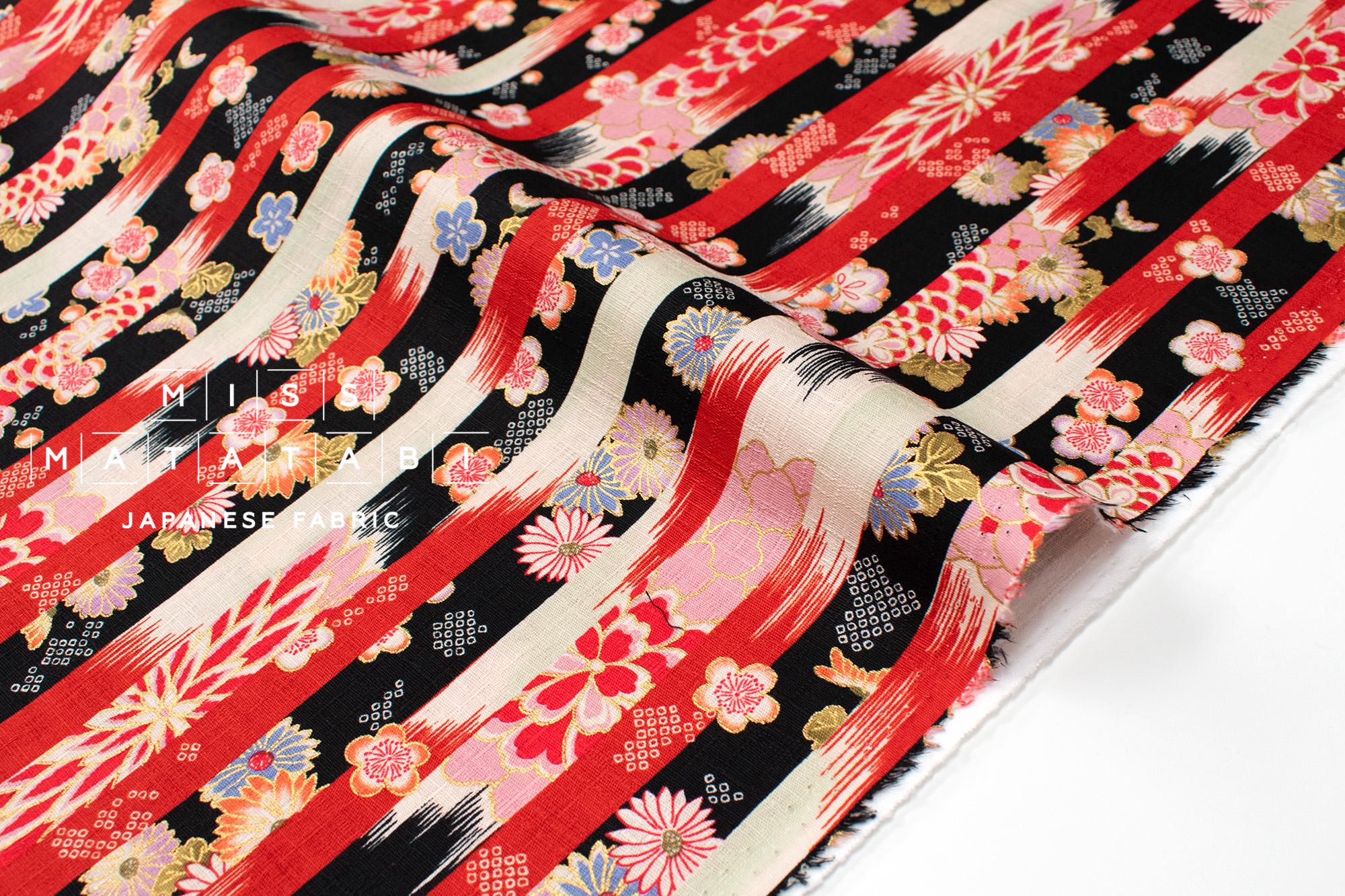 Japanese Fabric Wa Stripes - black, red - 50cm