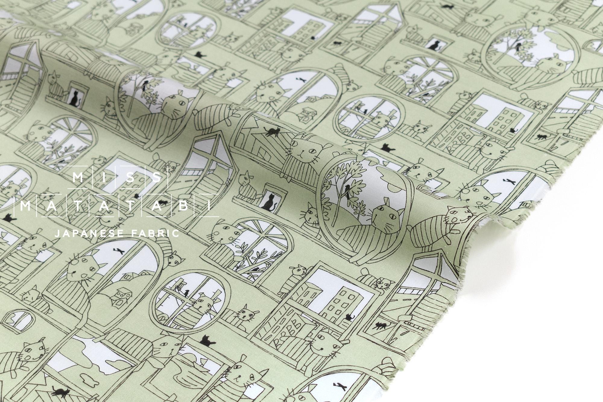 DEADSTOCK Japanese Fabric Sad Cats in the Window - green - 50cm