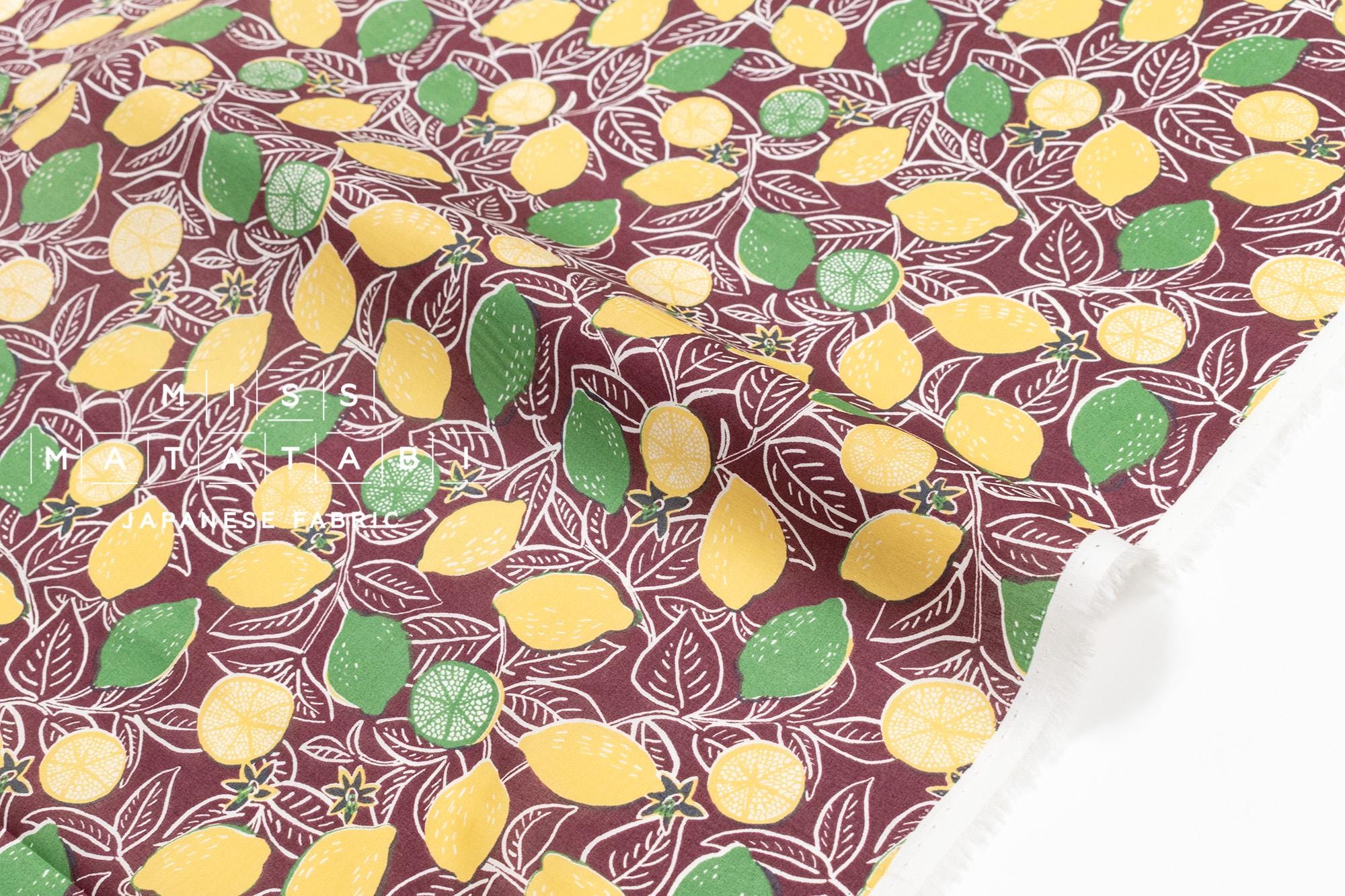 DEADSTOCK Japanese Fabric Lemons - rusty maroon - 50cm
