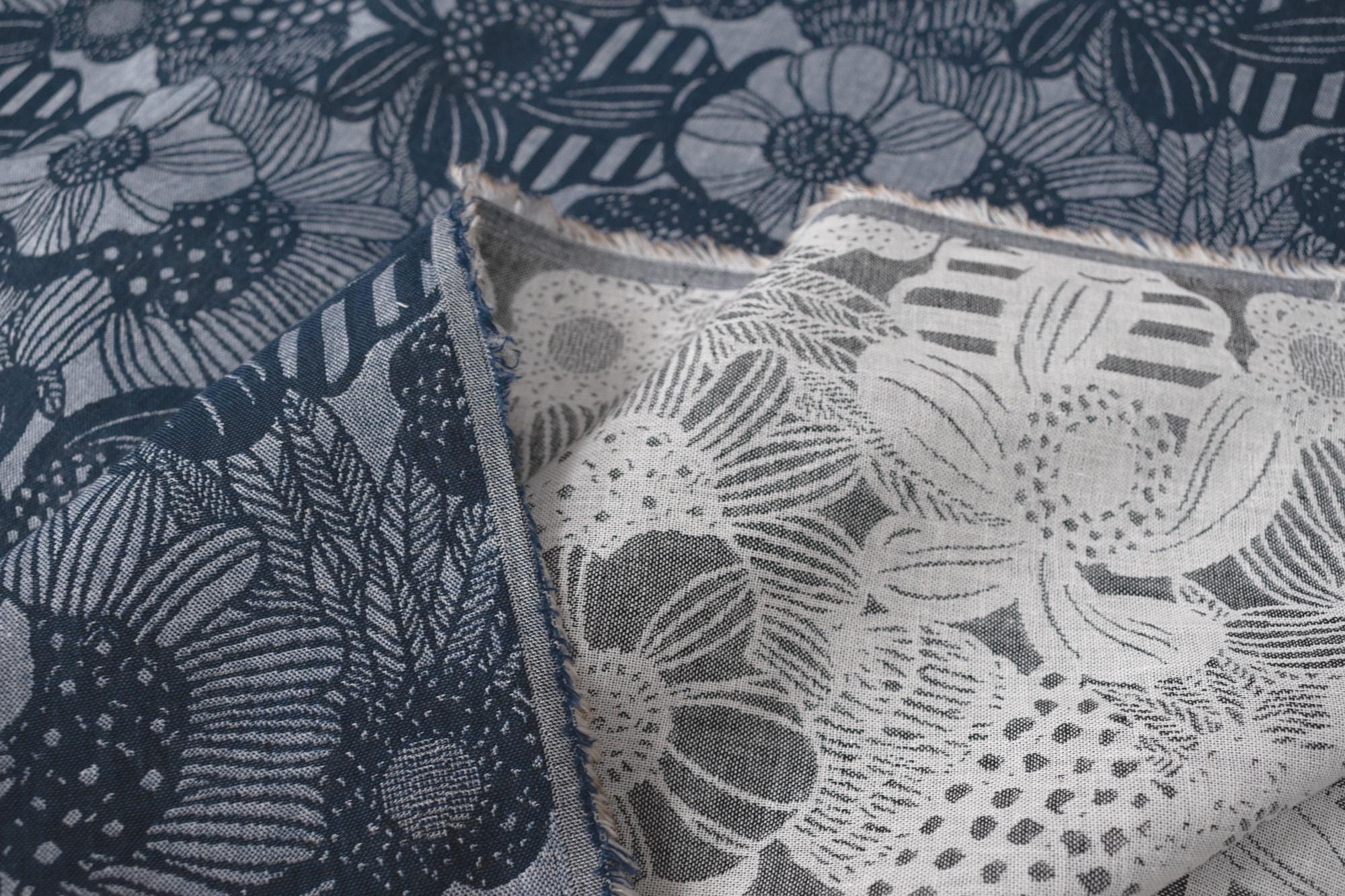 Japanese Fabric Yarn Dyed Woven Jacquard Wild Floral - navy, grey - 50cm