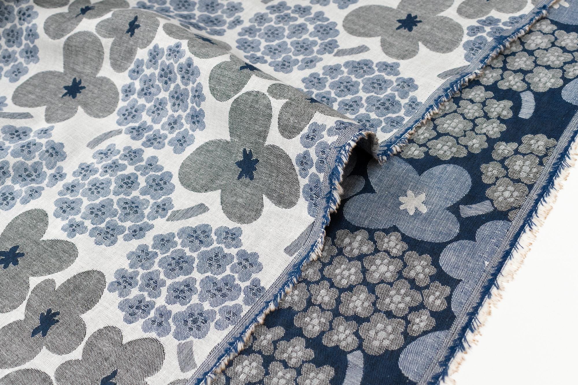 Japanese Fabric Yarn Dyed Woven Jacquard Yomogi and Hydrangea - navy blue, grey - 50cm
