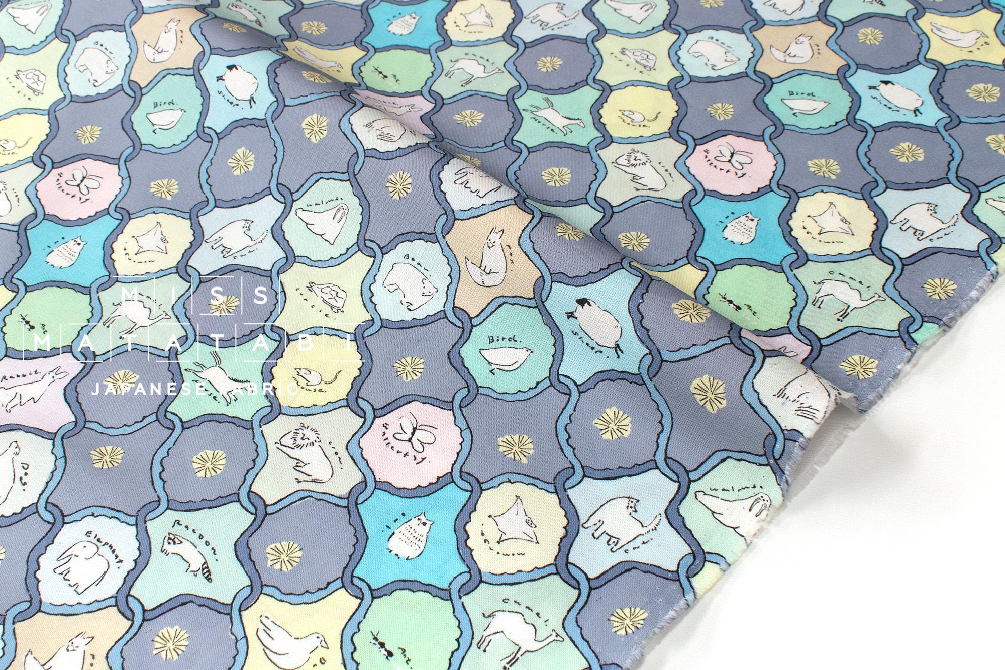 Japanese Fabric We Love Animals - blue, green - 50cm