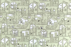 DEADSTOCK Japanese Fabric Sad Cats in the Window - green - 50cm