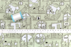 DEADSTOCK Japanese Fabric Sad Cats in the Window - green - 50cm