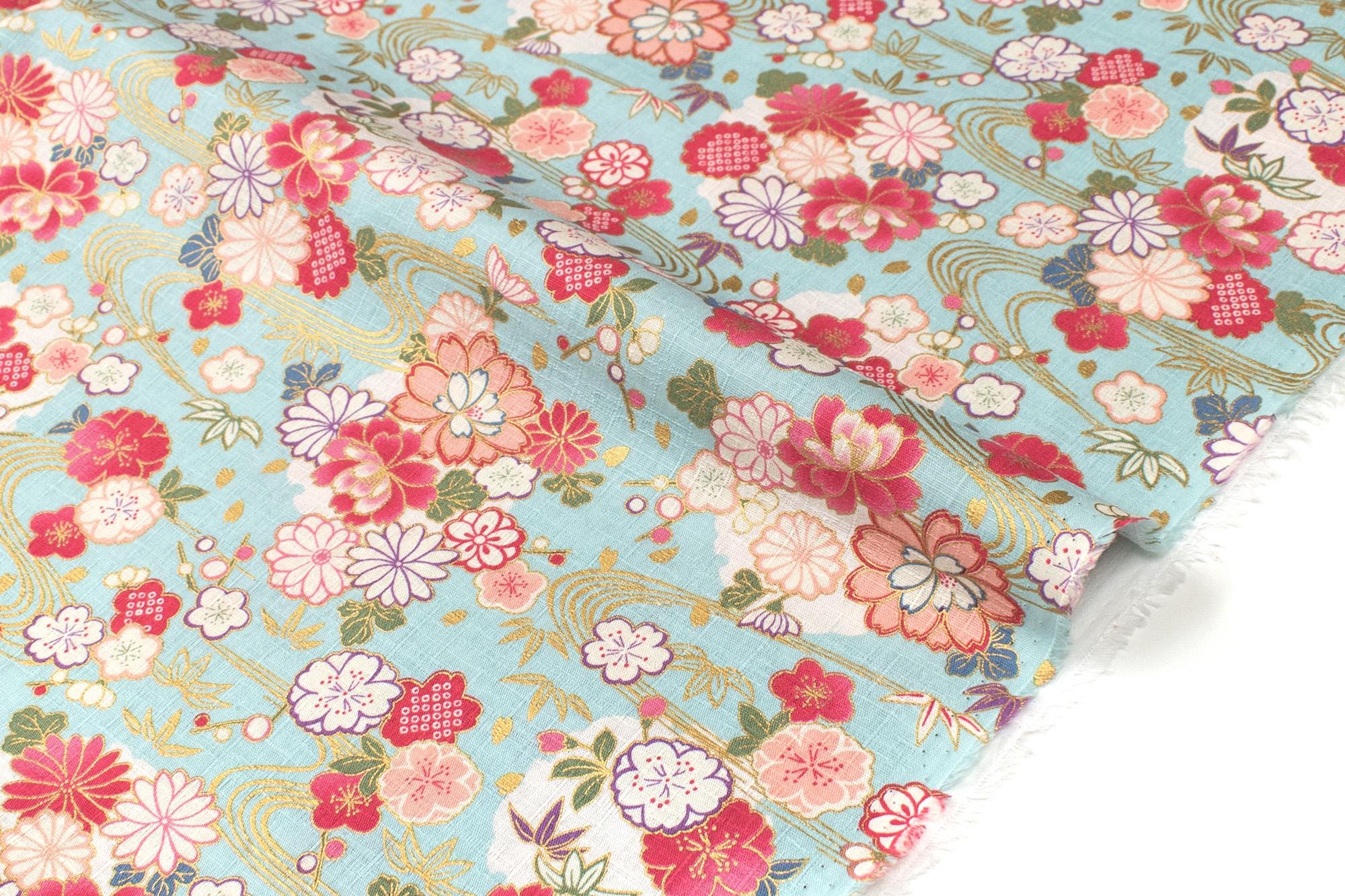 Japanese Fabric Wagara Dobby III - light blue, metallic gold - 50cm