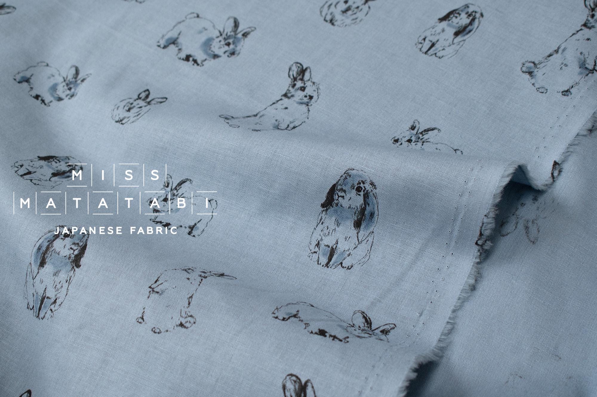 DEADSTOCK Japanese Fabric Pretty Bunnies Linen Blend - blue - 50cm