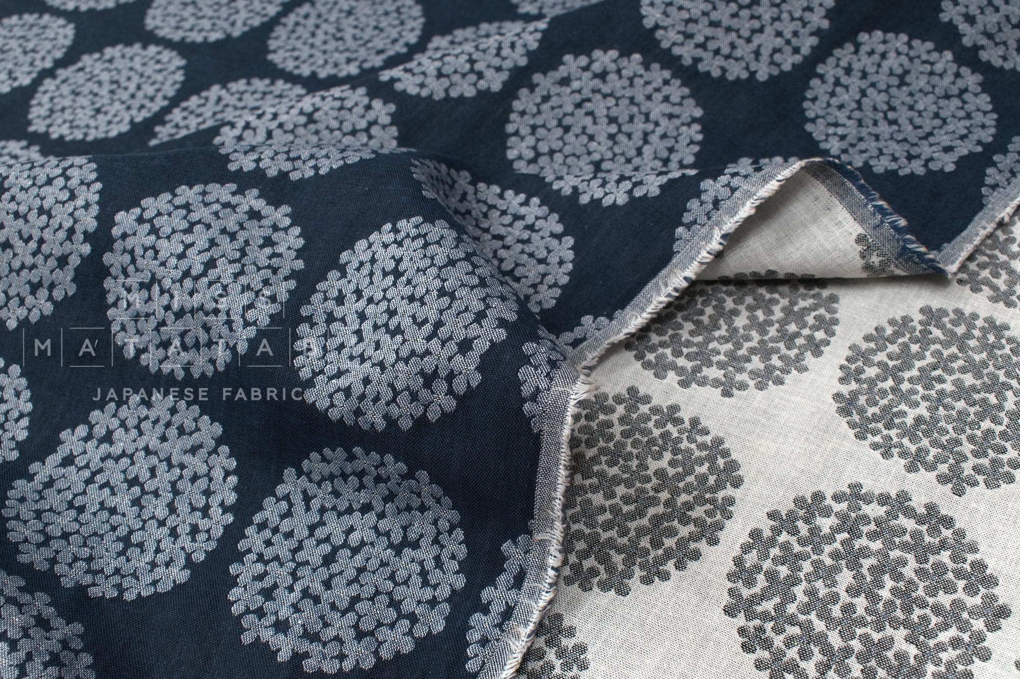 Japanese Fabric Yarn Dyed Woven Jacquard Hydrangea Flowers - navy blue, grey - 50cm
