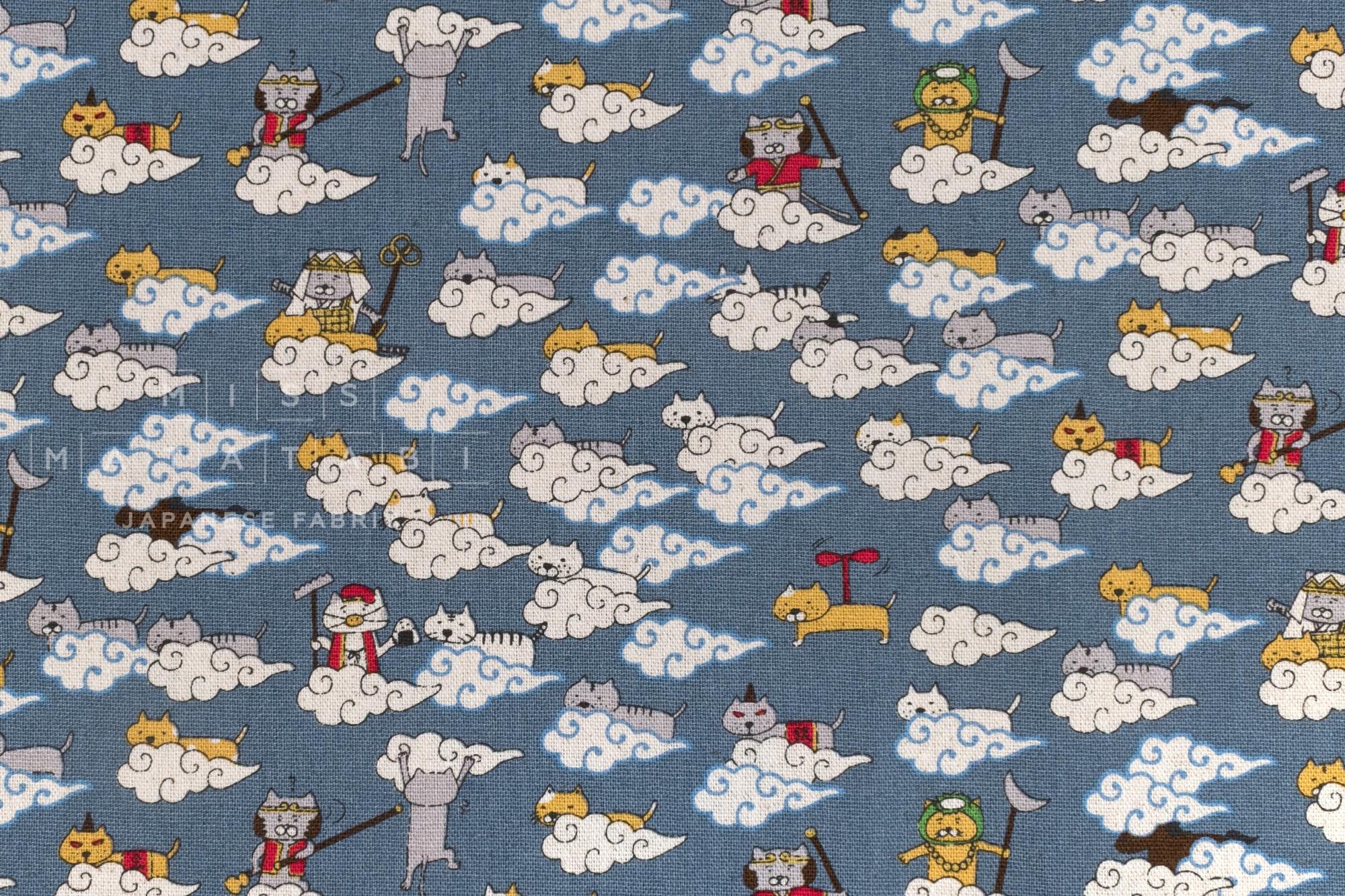 Japanese Fabric Monkey Magic Cats - C blue - 50cm