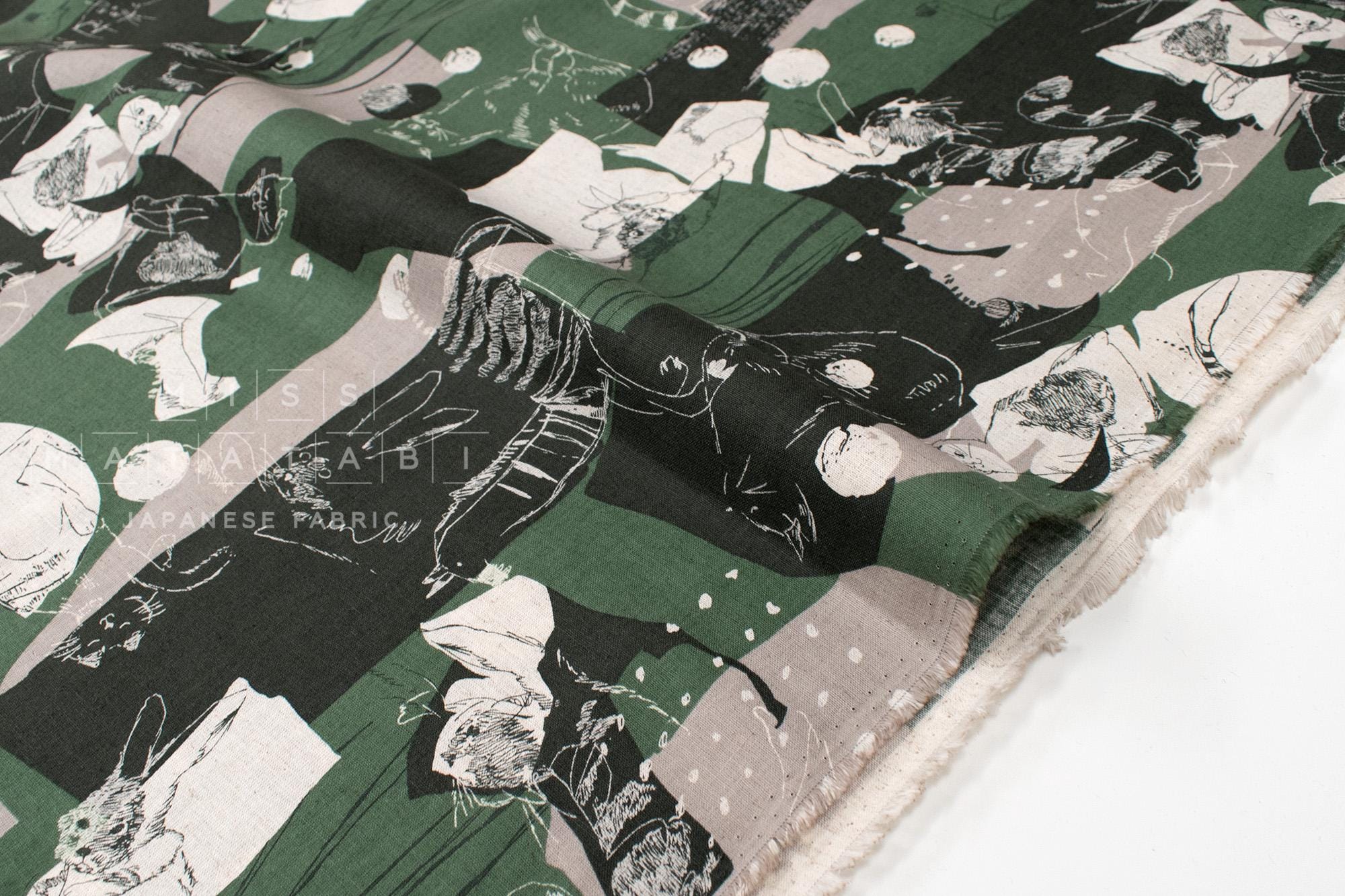 Japanese Fabric Cat Collage Linen Blend - C - 50cm