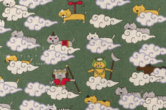 Japanese Fabric Monkey Magic Cats - D green - 50cm
