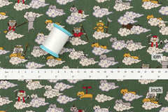 Japanese Fabric Monkey Magic Cats - D green - 50cm