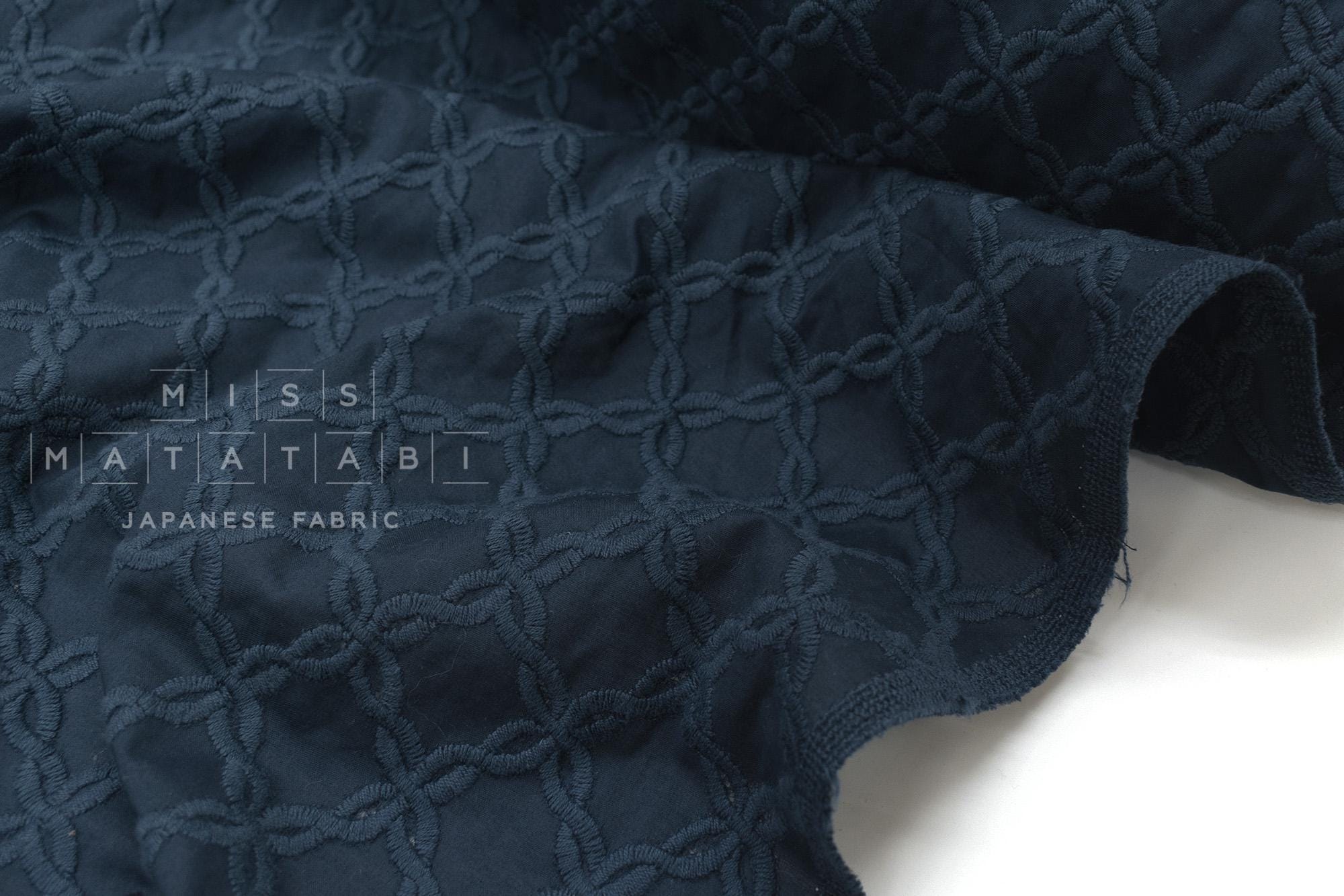 Japanese Fabric Embroidered Cotton Lawn - navy blue - 50cm