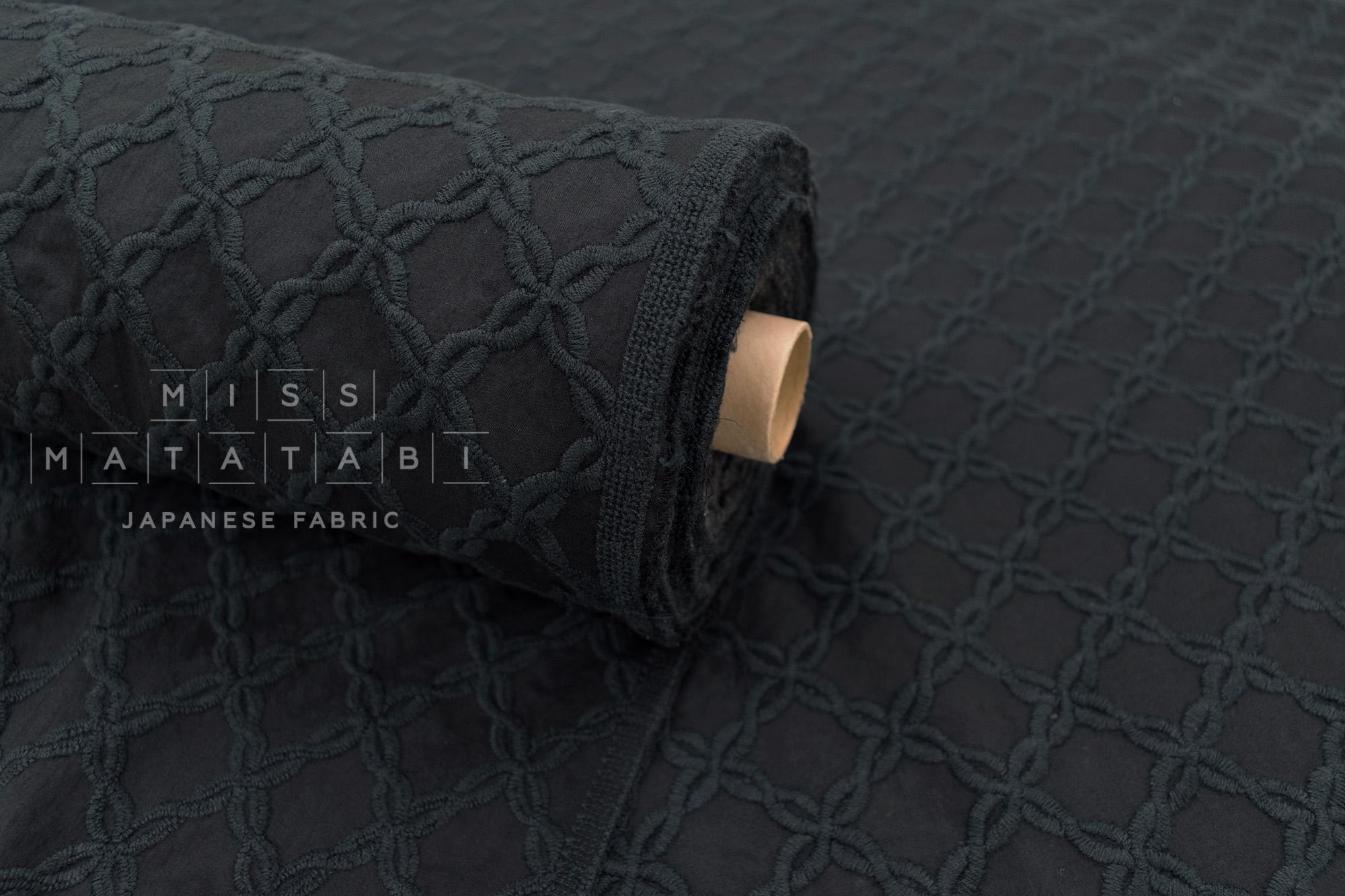 Japanese Fabric Embroidered Cotton Lawn - black - 50cm