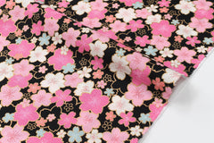 Japanese Fabric Bright Fun Sakura Blossoms - black, pink, gold, mint - 50cm